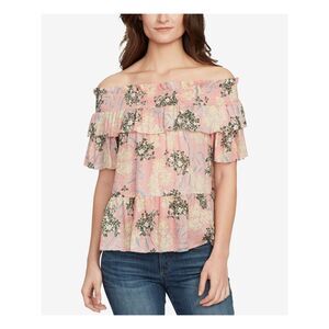 WILLIAM RAST Womens Pink Ruffled Printed Short Sleeve Off Shoulder Top XS